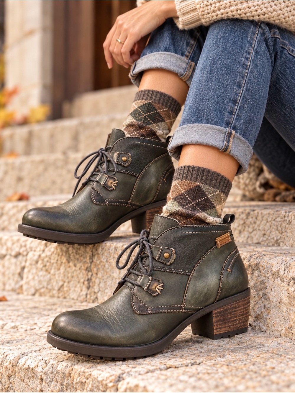 PIKOLINOS Grayish Smokey Green Leather Lace-Up Bootie w Stitch Detail 2” Heel(8)